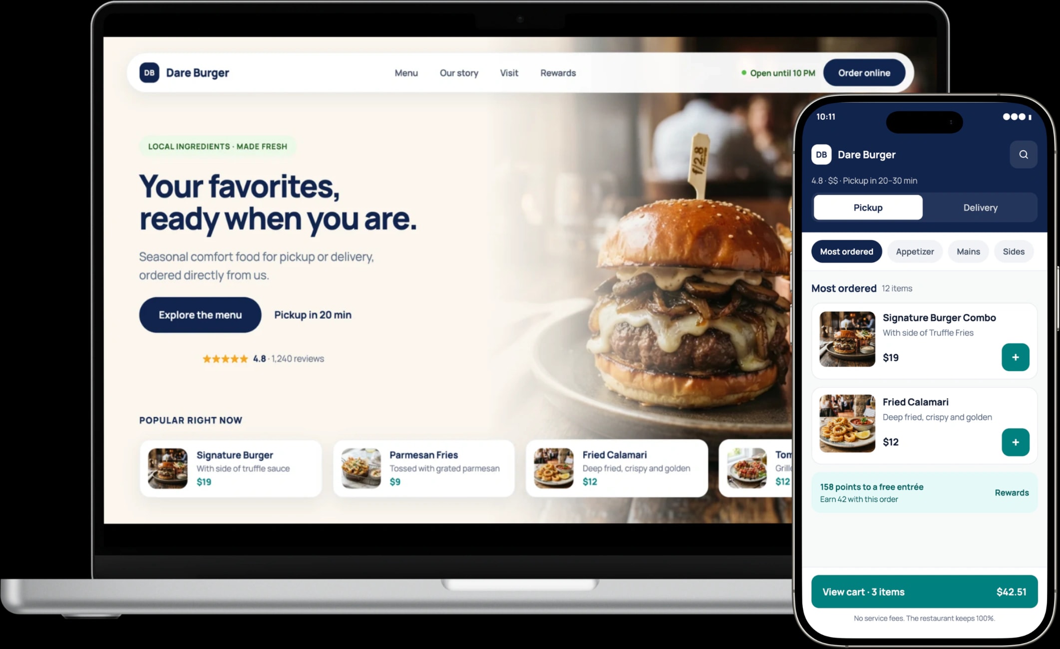 Restaurant ordering storefront shown on a laptop and mobile phone